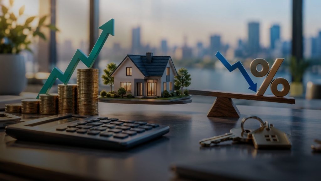 “How do interest rates affect mortgages and property prices? Illustration showing a house, stacked coins, interest-rate changes, calculator and property keys.”