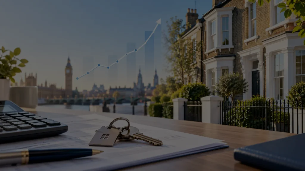 Mortgage rates UK 2026 illustrated with British homes, house keys, calculator and an upward interest rate graph.